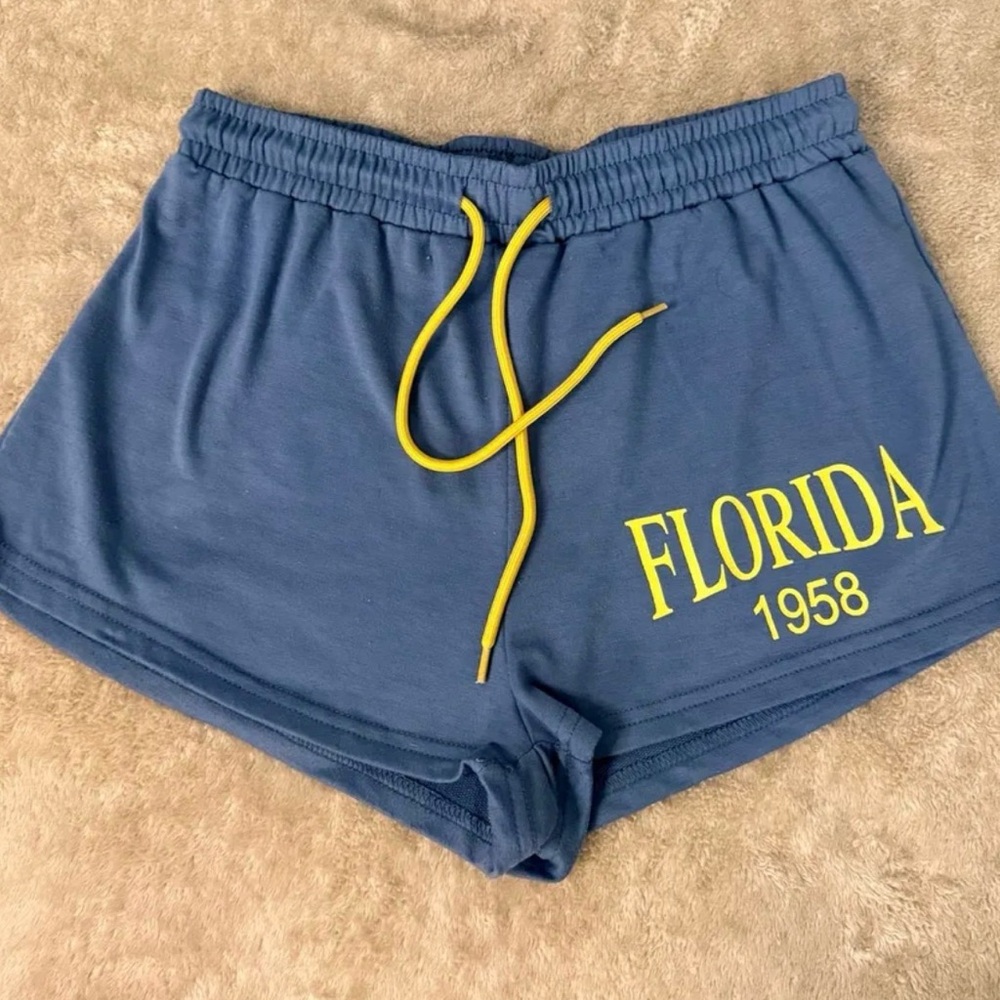 SHEIN Navy Blue Athletic Shorts with Yellow Drawstring